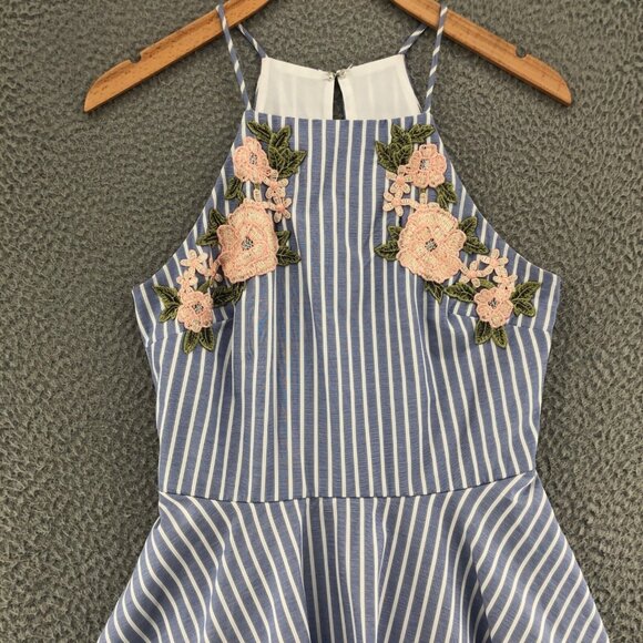 Jodi Kristopher Dress Womens 3 Blue Stripe Mini Fit & Flare Full Floral Applique - Picture 2 of 12